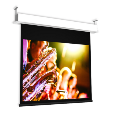 Premium projection screen GIOTTO HOME CINEMA black borders and drop, reliable projection screen, easy to install av systems amsterdam nederlands