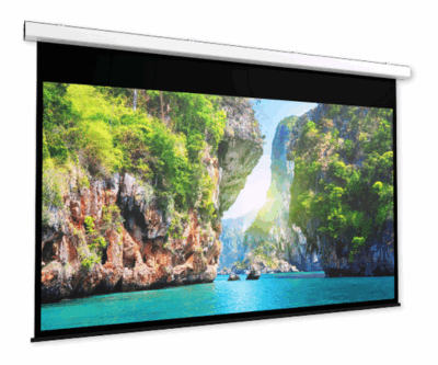 GP Screen MAJOR HOME CINEMA motorized projection screen with tensioned surface, 350cm to 450cm width, white housing AV system amsterdam nederlands audiovisual big screen